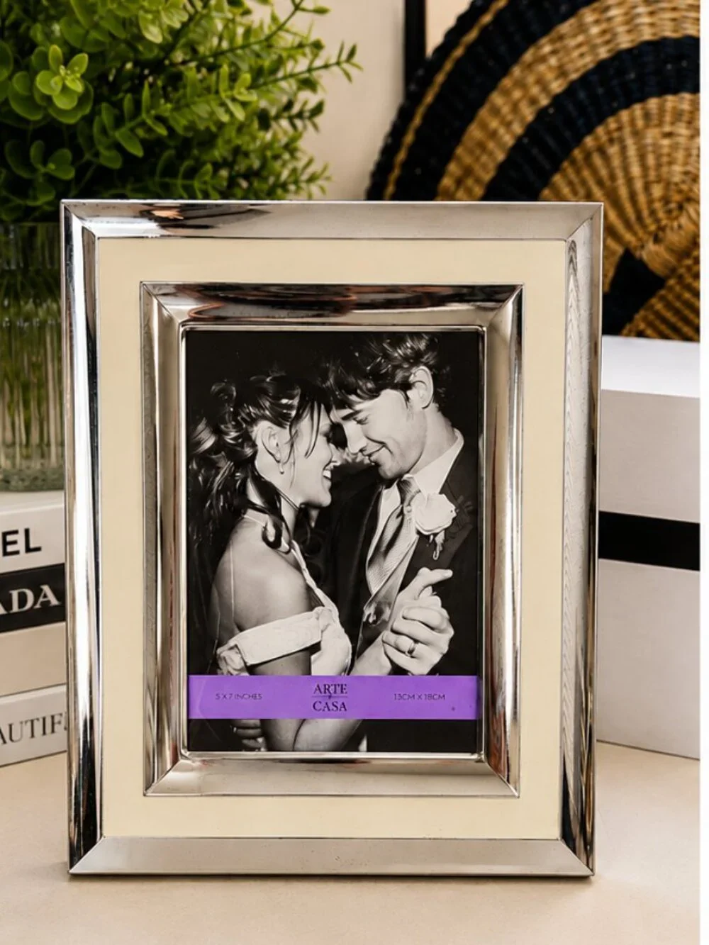 Arte De Casa 5x7 Silver Mirrored Ivory Tabletop Picture Frame Easel Modern Glam
